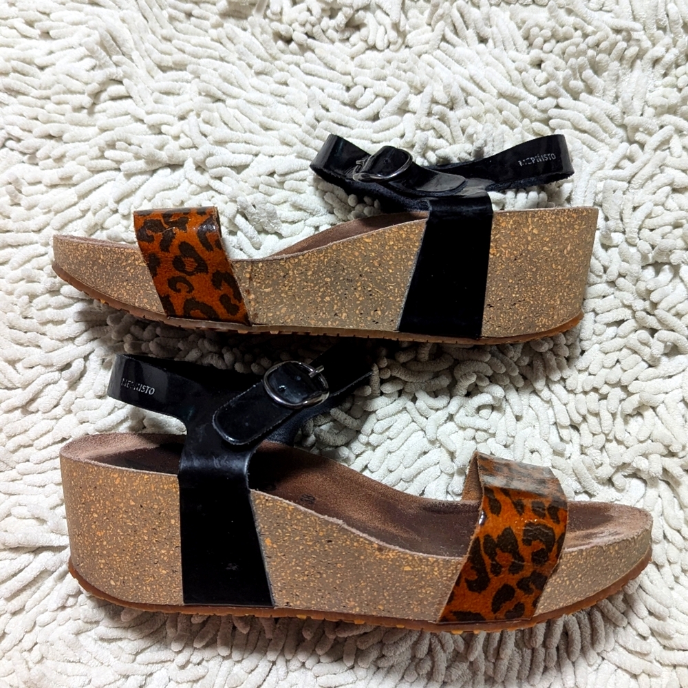 Mephisto Leopard Print Platform Wedge Sandals- Size 38